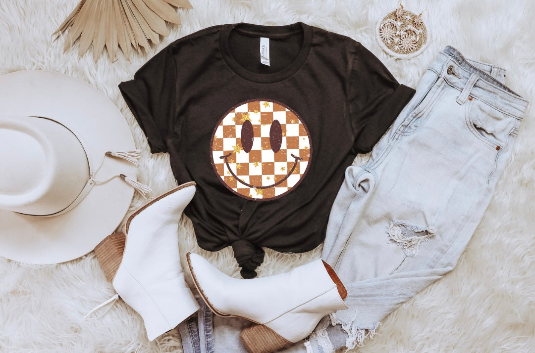 Checkered Boho Star Smiley Face {Clear Film Screen Print Transfer} - ADULT 10x10